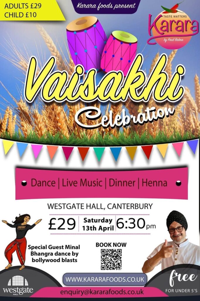 A poster promoting a Sikh celebration night featuring the word Vaisaki in yellow, dhol drums, dancing and event information