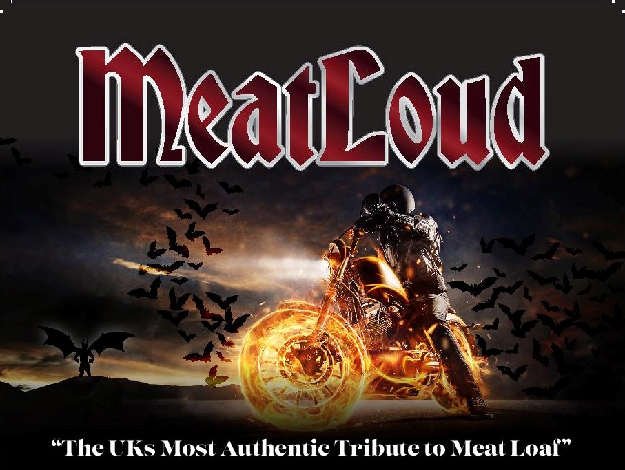 MeatLoud Meat Loaf tribute act poster - man on motorbike riding into flames