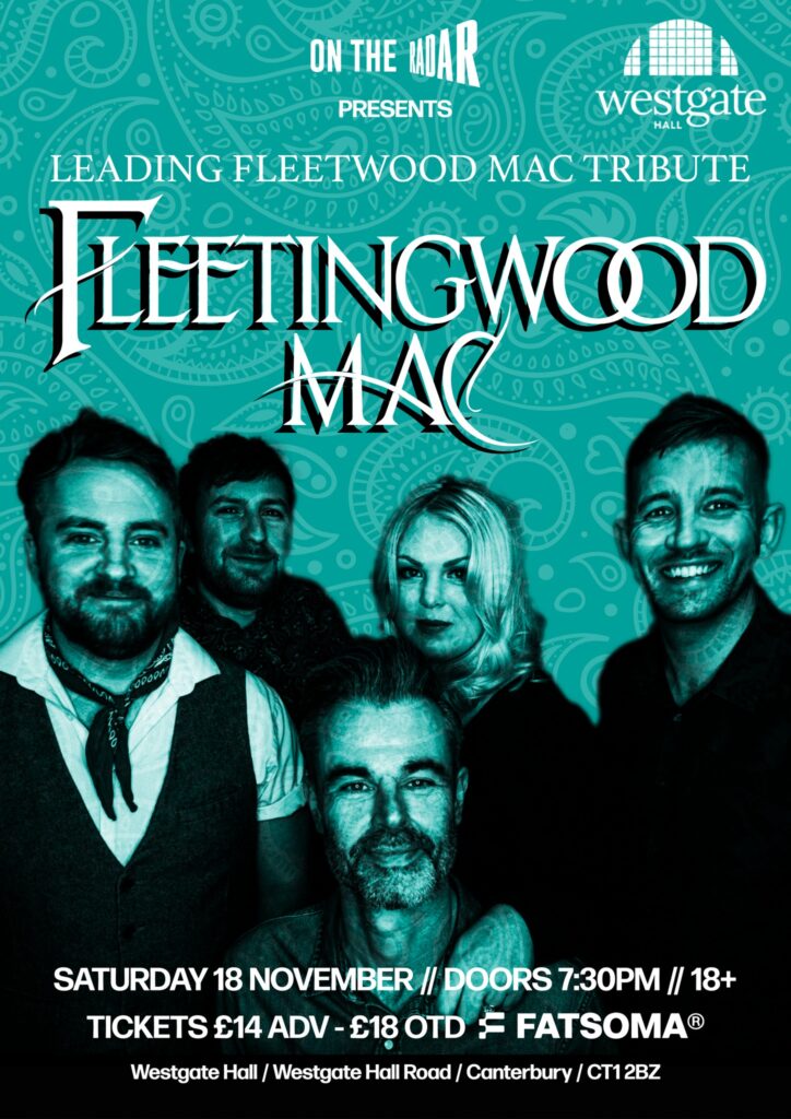 Fleetingwood Mac gig poster featuring the 5 piece band photo on a teal background with text over