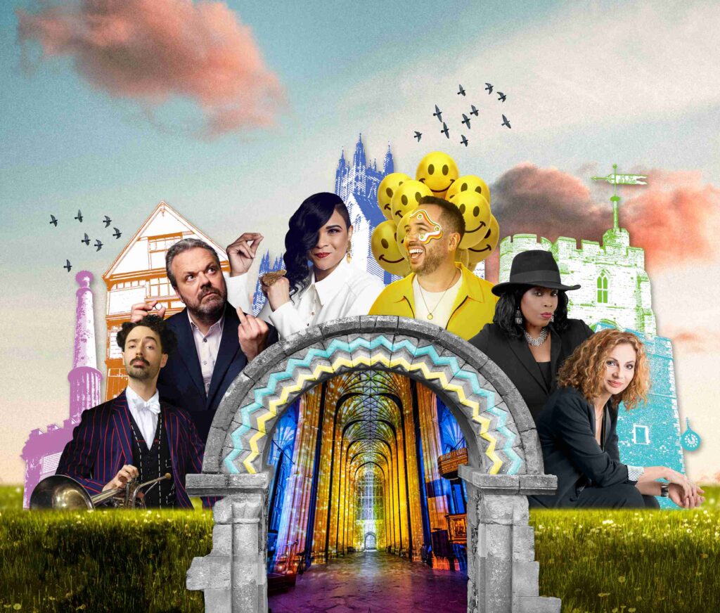 A group of well-know performers presented in an arch shape, including singer Gabrielle, standing in an imagined landscape with clouds above them. They are positioned behind an ornate arch and hedge