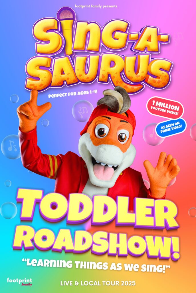 poster with dinosaur on a rainbow background promoting Sing- A- Saurus.